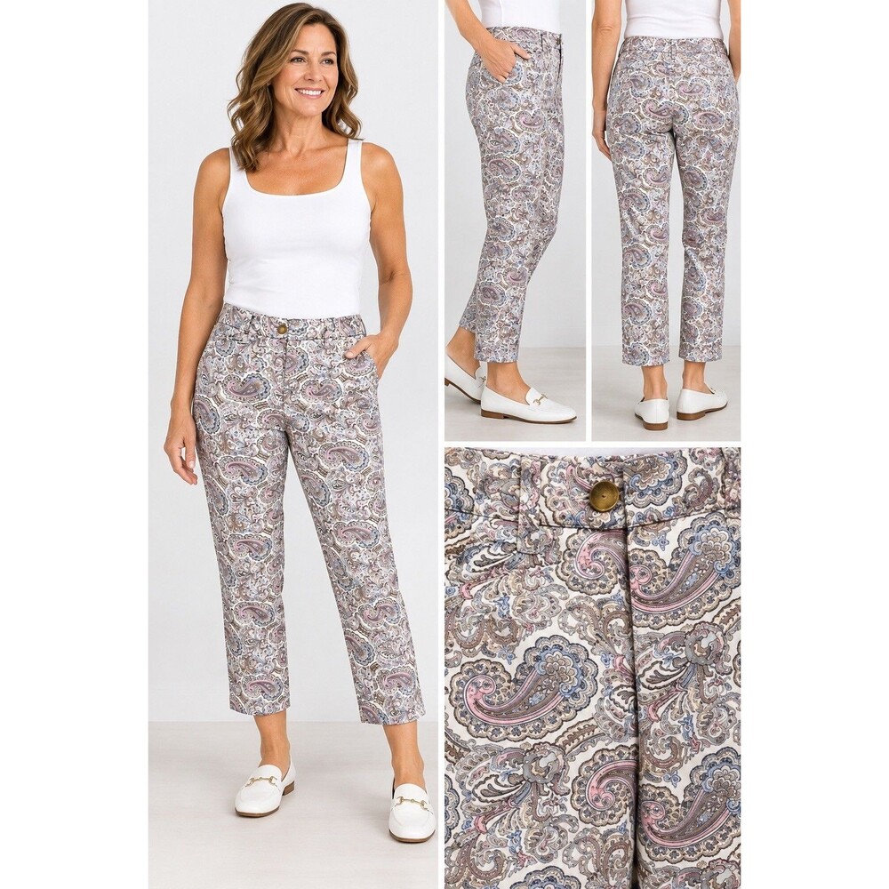 Talbots Women’s Size 12 Paisley Cropped Pants Cotton Stretch Pink Blue Beige